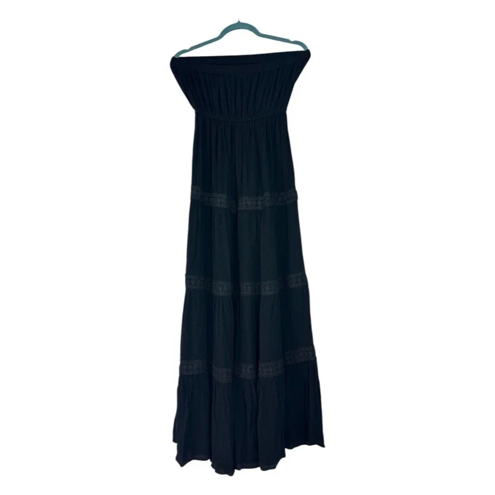 Black Gauzy Maxi Dress M Strapless Whimsy Goth Witchy Boho Festival Vampire - Picture 5 of 10